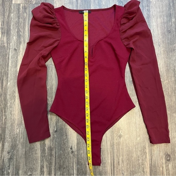 Forever 21 Sweetheart Neck Puffer Sheer Long Sleeve Red Bodysuit Valentine’s D S - Picture 8 of 9